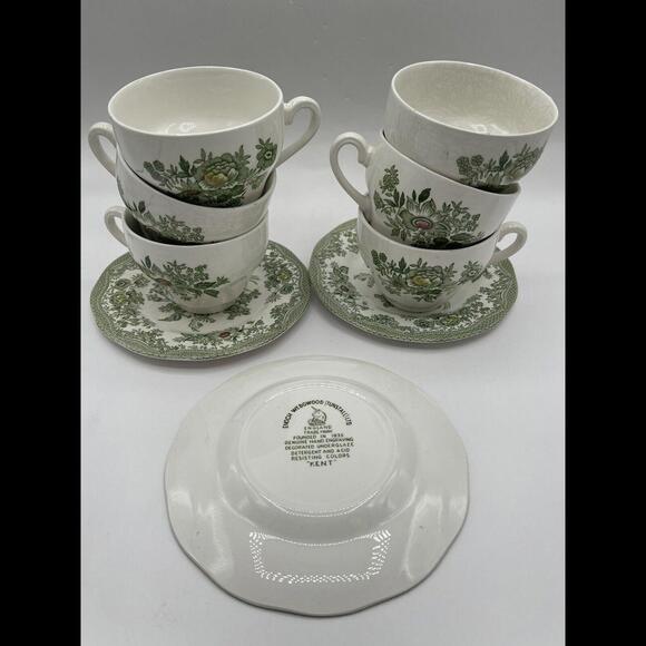 Enoch Wedgwood Tunstall Ltd Kent Green White Tea- Cup Set of 6 & 3 Salad Plates - Picture 2 of 9
